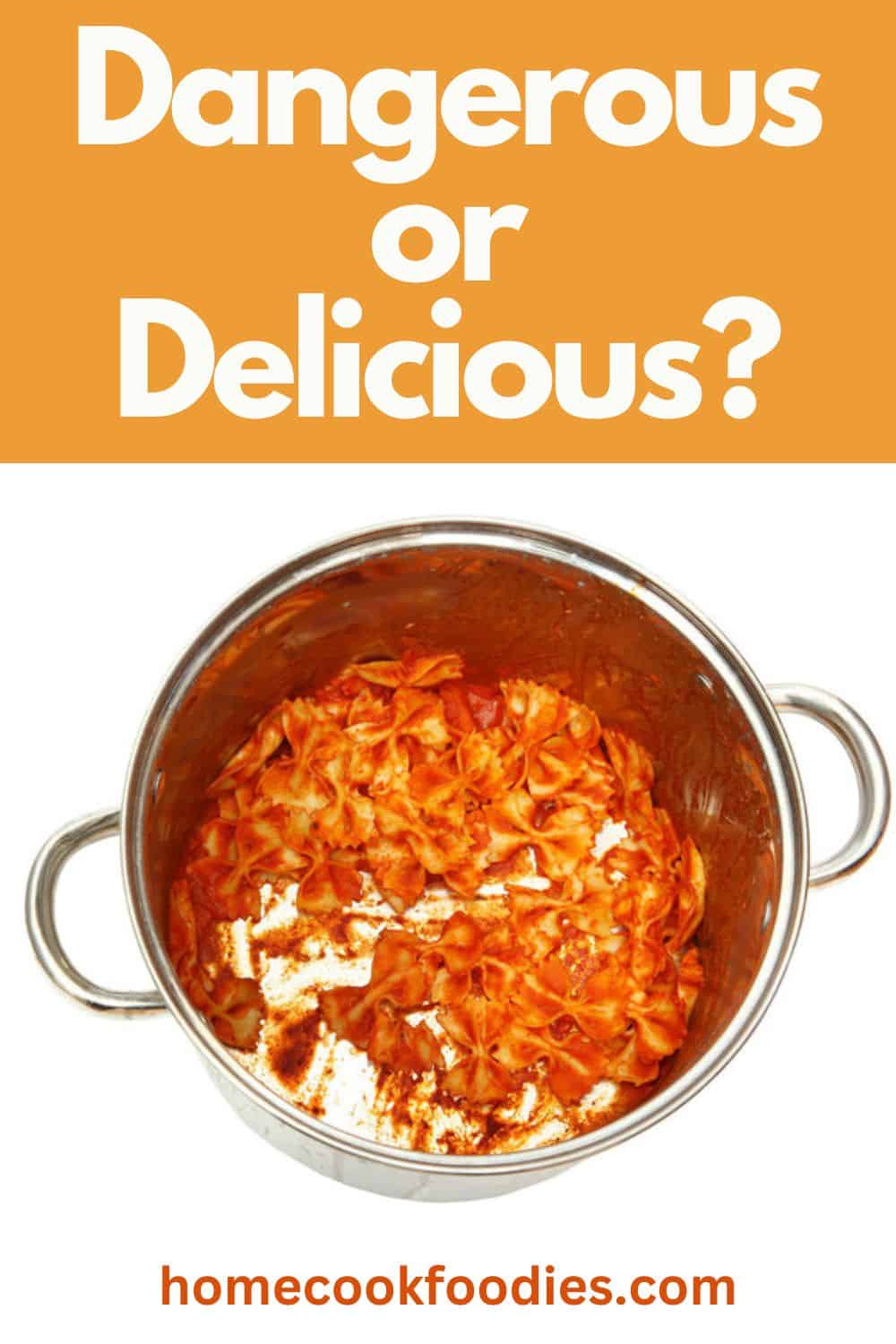A pot containing pasta left out overnight with text overlay of "Dangerous or Delicious?"